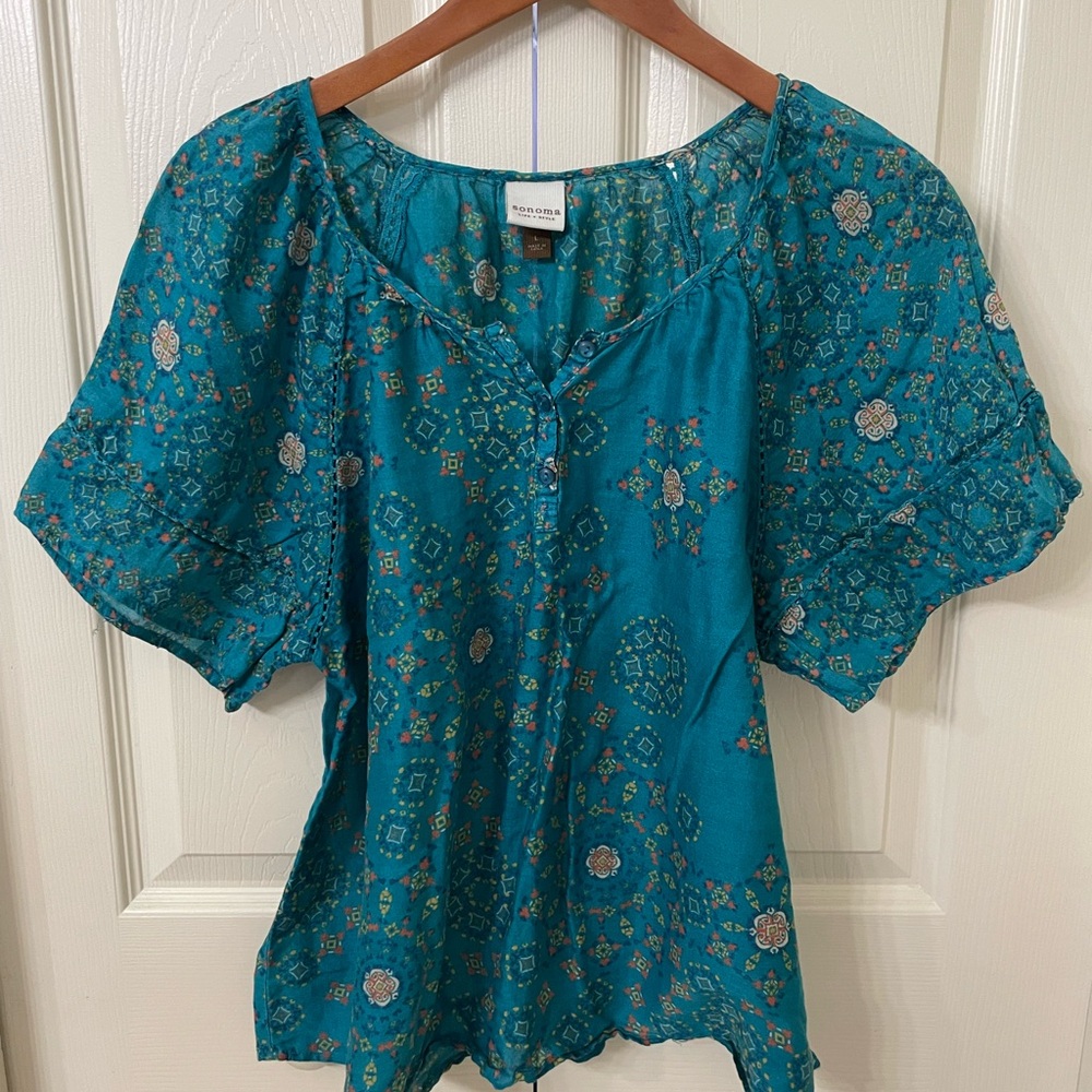 Sonoma Teal Boho Printed Peasant Blouse